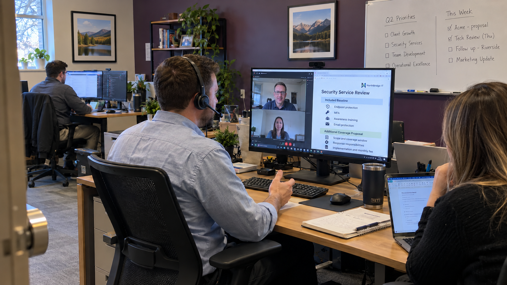 Account manager demonstrates how to sell cybersecurity services through a client service review call