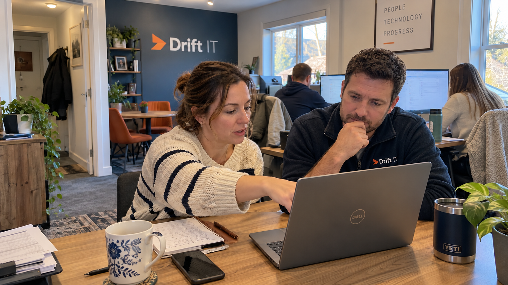 An accidental techie and an MSP adviser work through an IT handoff at a laptop in a small MSP office