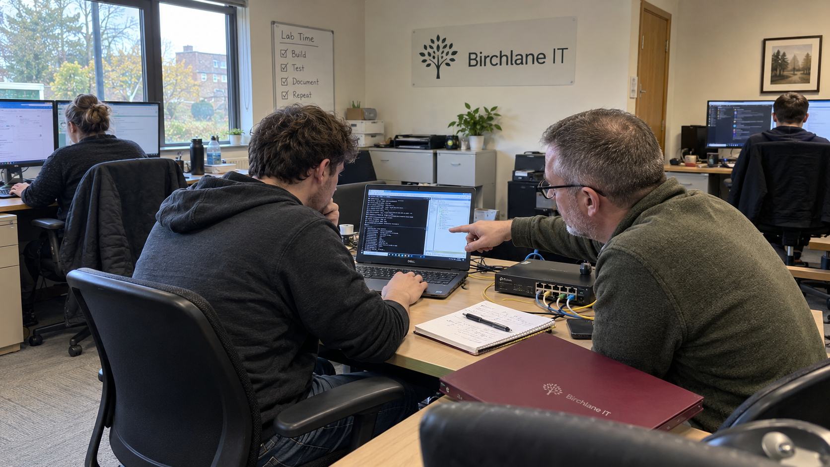 20 percent time proposal: MSP technicians practise a procedure on a test laptop and small network switch
