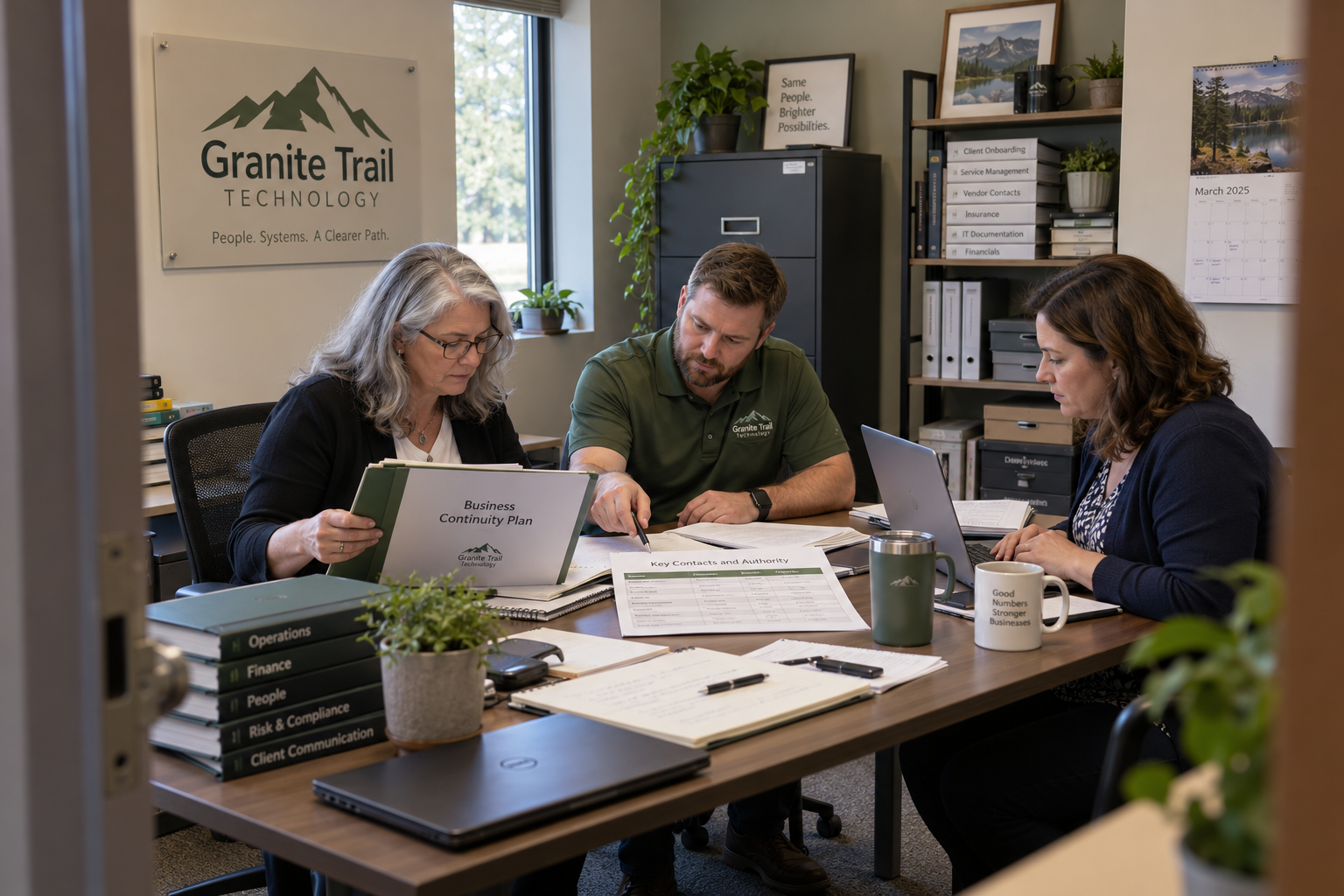 MSP owner and advisers checking business succession planning documents and a contact authority worksheet