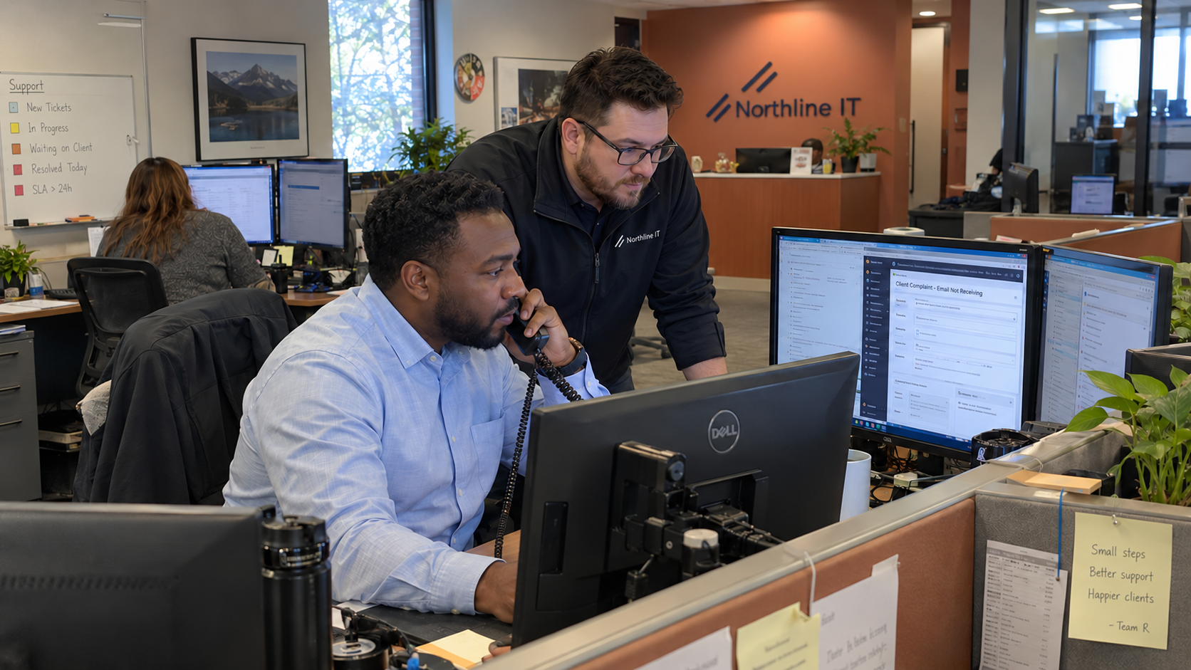 MSP coordinator follows a complaint handling process on a client call while a service lead checks the record
