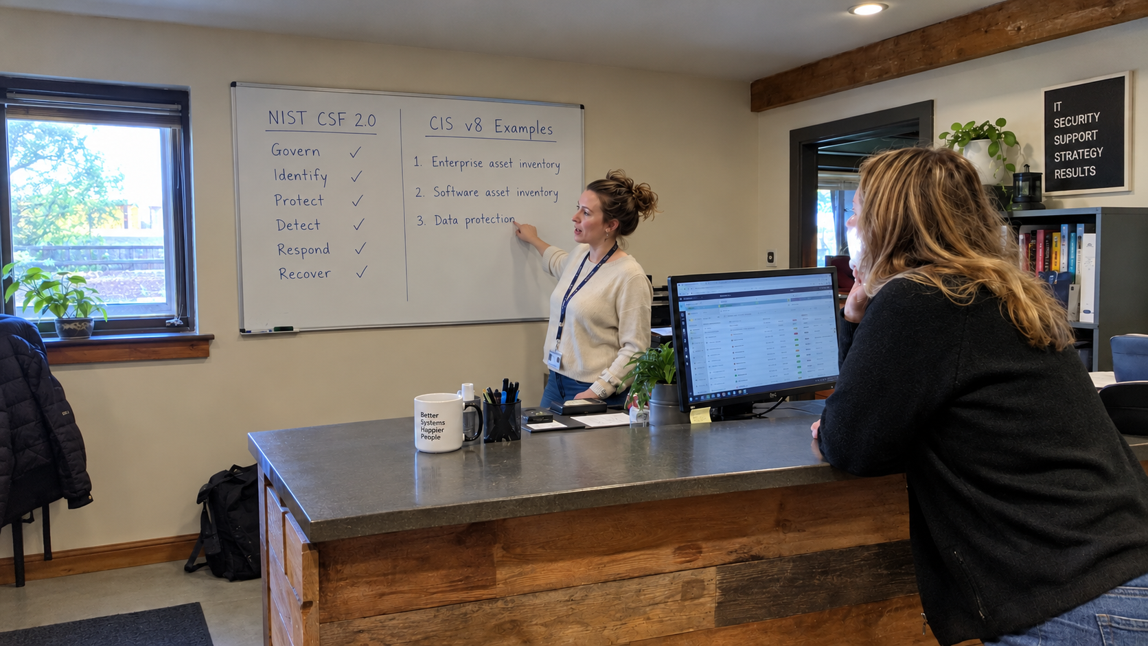 An MSP technician compares NIST functions with CIS control examples on a whiteboard as a colleague watches.