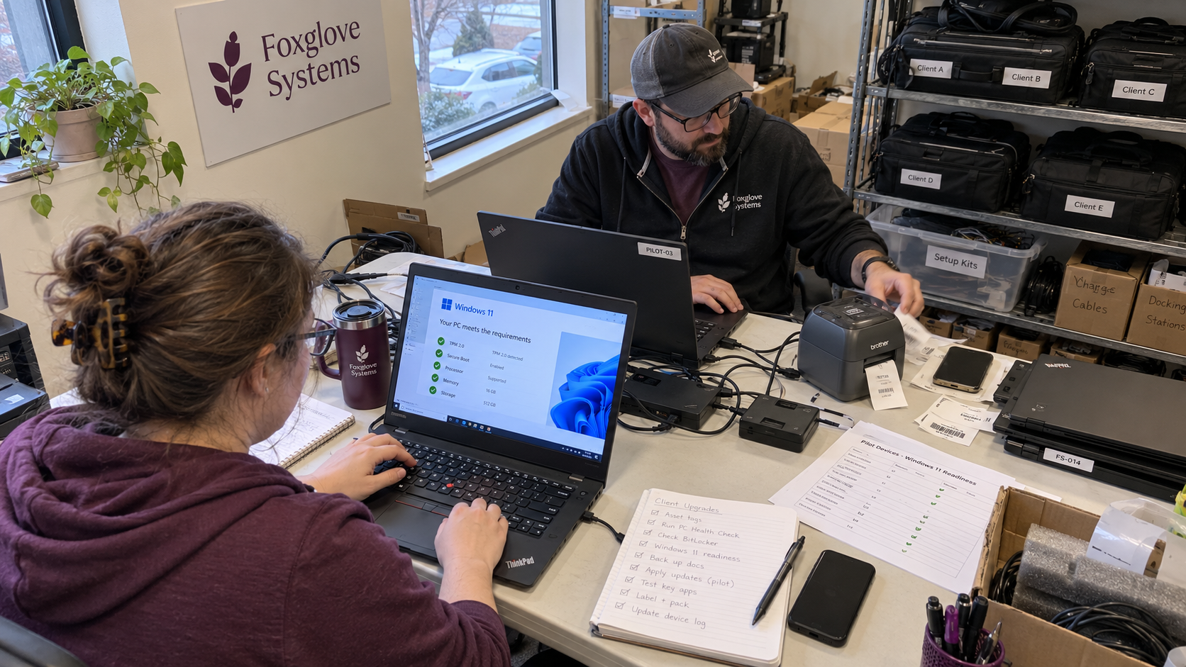 MSP technicians check pilot laptops and a label printer against a Windows 11 upgrade checklist.