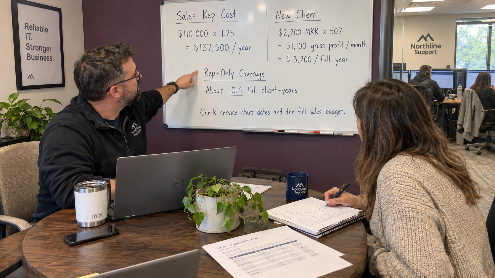 An owner discusses an MSP sales rep quota at a whiteboard while a candidate takes notes.