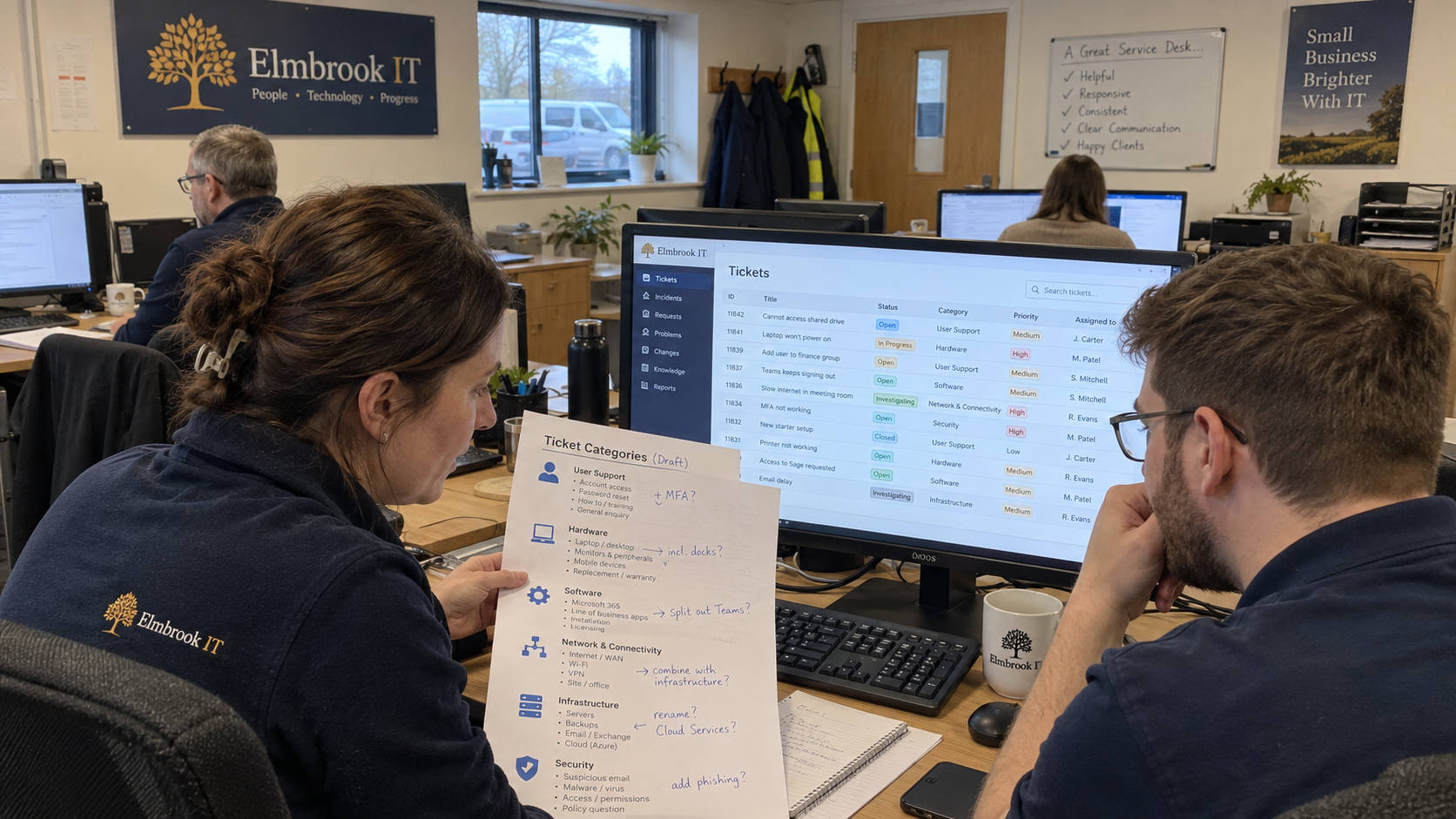 MSP colleagues compare draft help desk ticket categories with records on a workstation monitor.