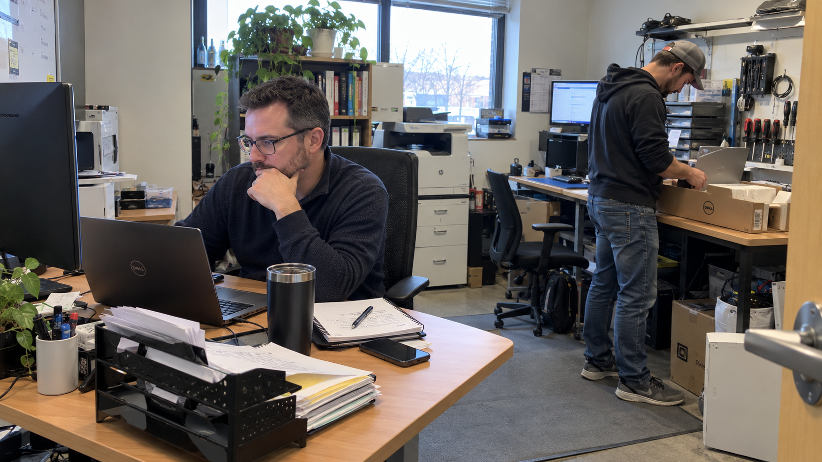 Owner reviewing MSP recurring revenue on a laptop while a technician prepares client hardware nearby.