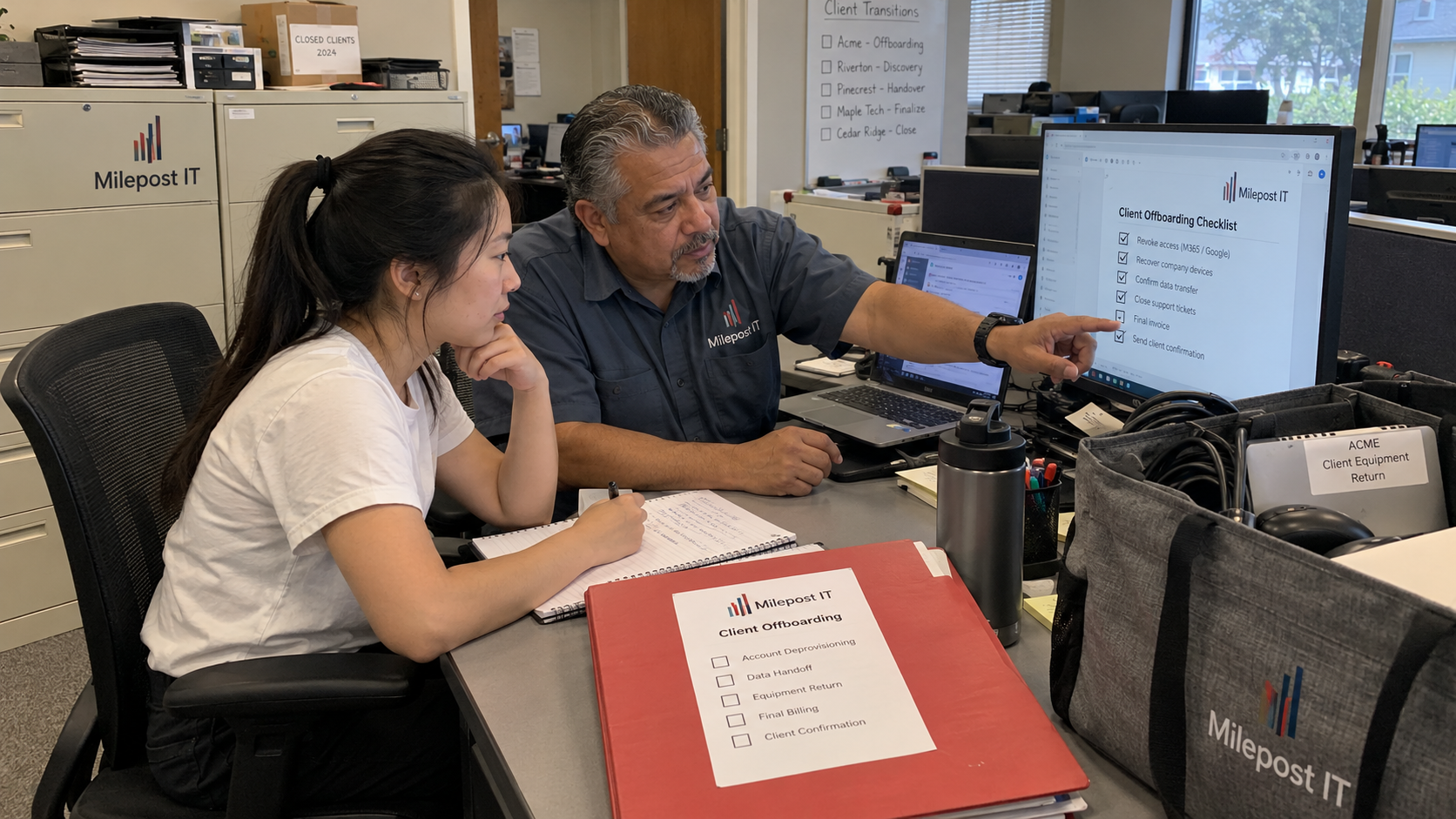 MSP coworkers verify a client offboarding checklist beside a handover folder and equipment tote
