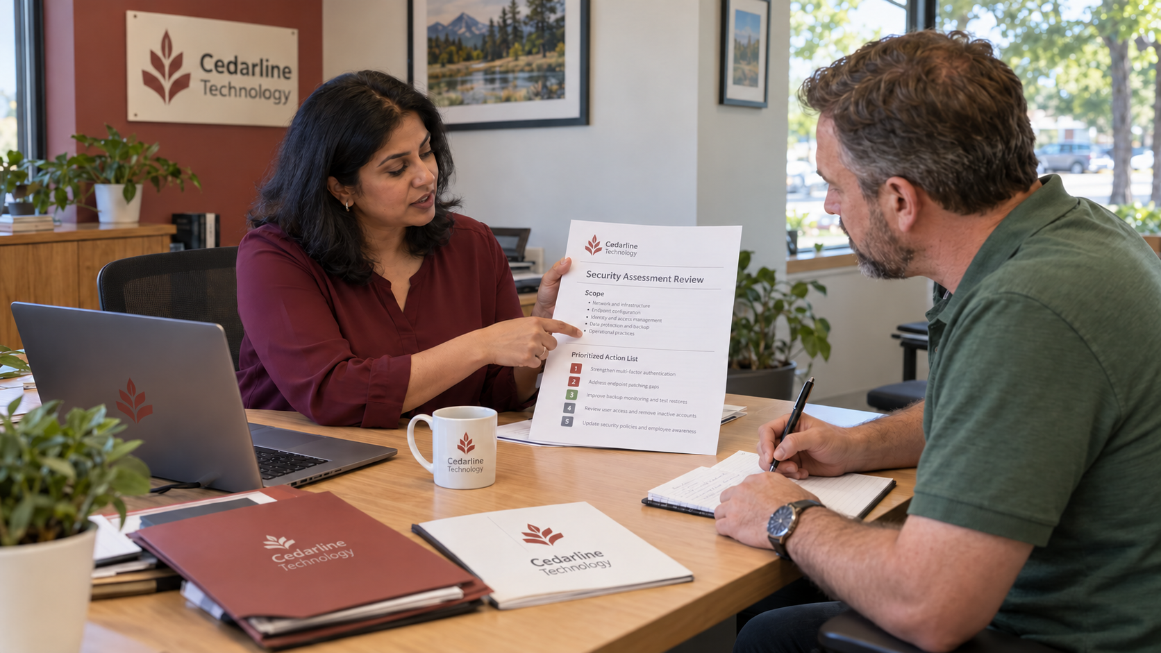 Cybersecurity risk assessment cost: an MSP consultant reviews a scoped security report with a client.