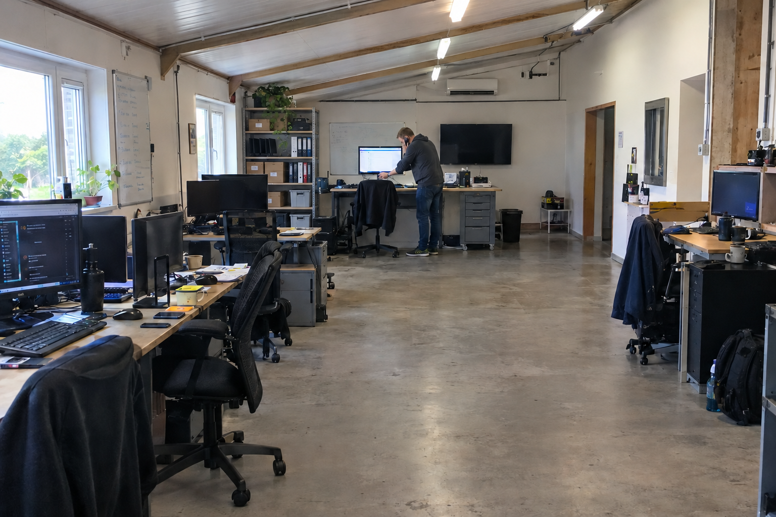 A man takes a phone call at a standing workstation in an open MSP office.