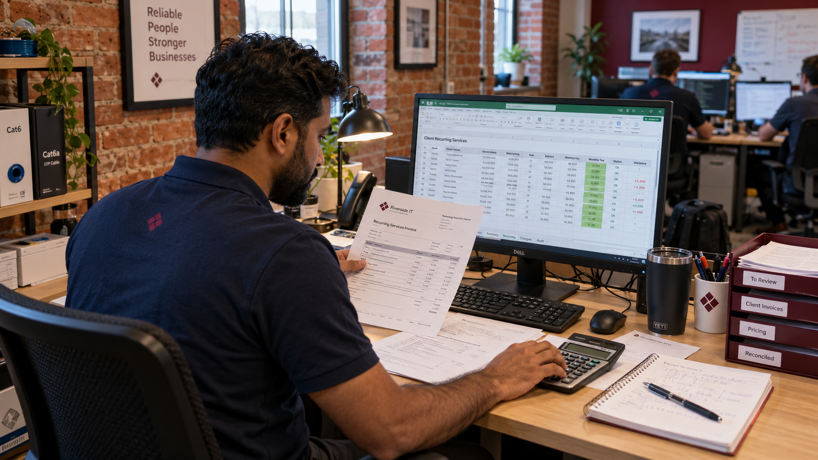 MSP finance lead checks recurring invoice lines against a client spreadsheet during a pricing audit