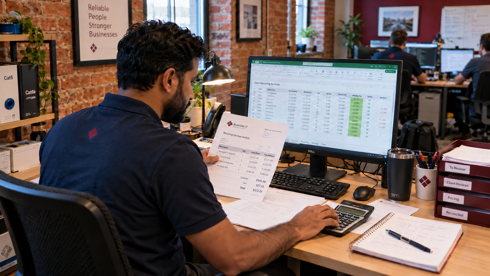 MSP finance lead checks recurring invoice lines against a client spreadsheet during a pricing audit