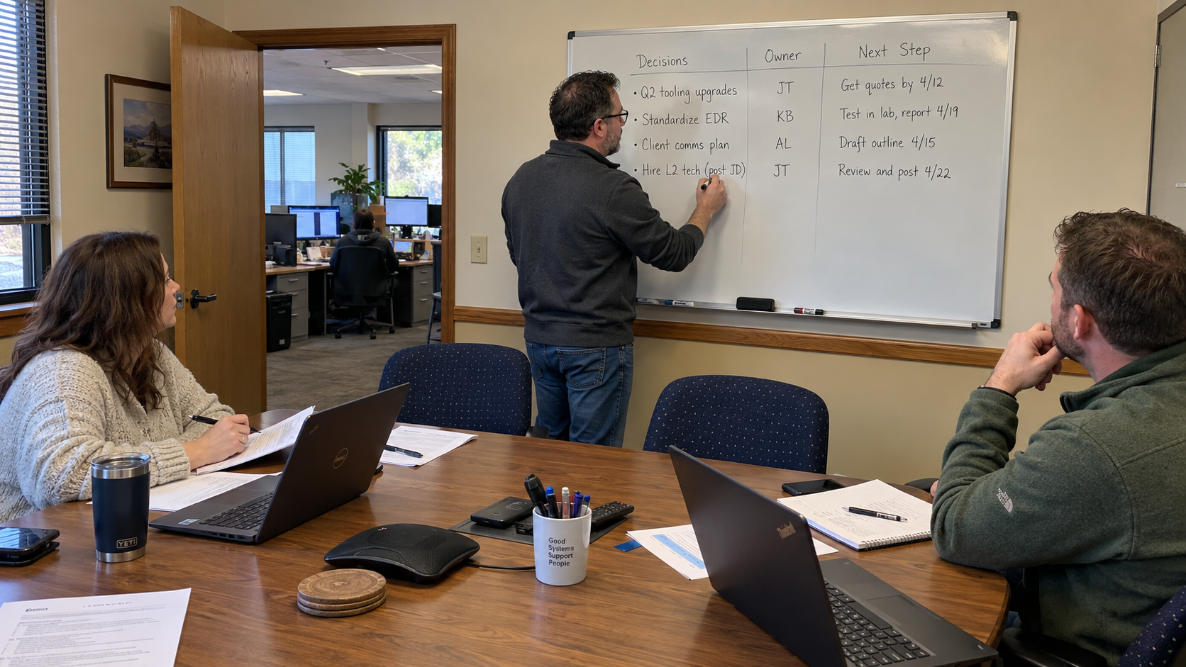 MSP leaders assign decisions, owners, and next steps from a leadership meeting agenda
