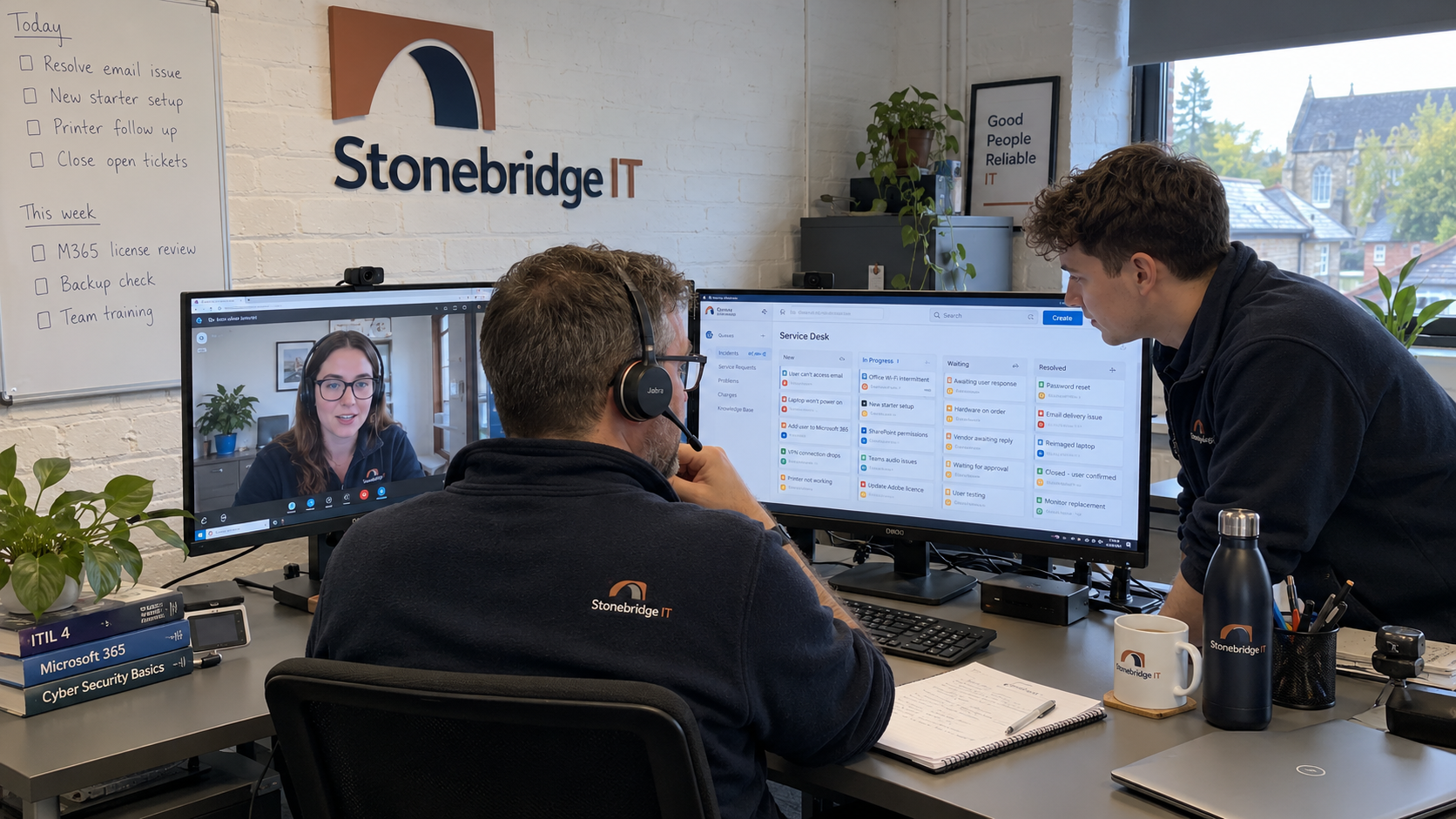 An MSP team discusses a hybrid work policy on a video call beside a shared service desk board.