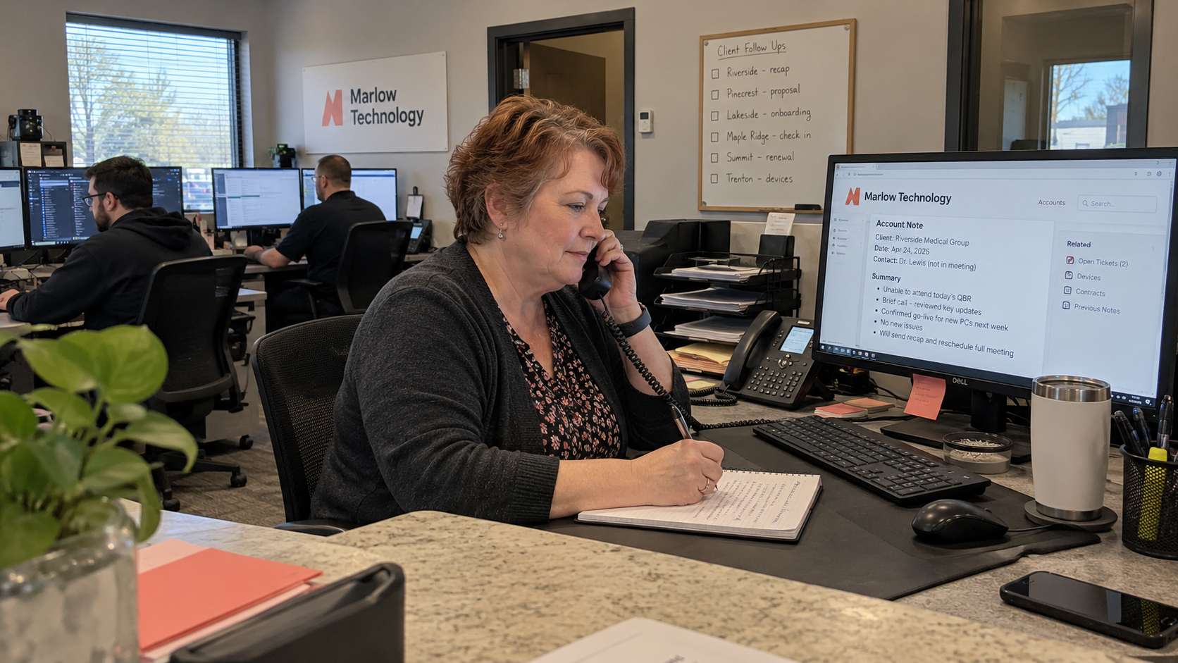 MSP account manager records client touchpoints during a focused phone call at her workstation.