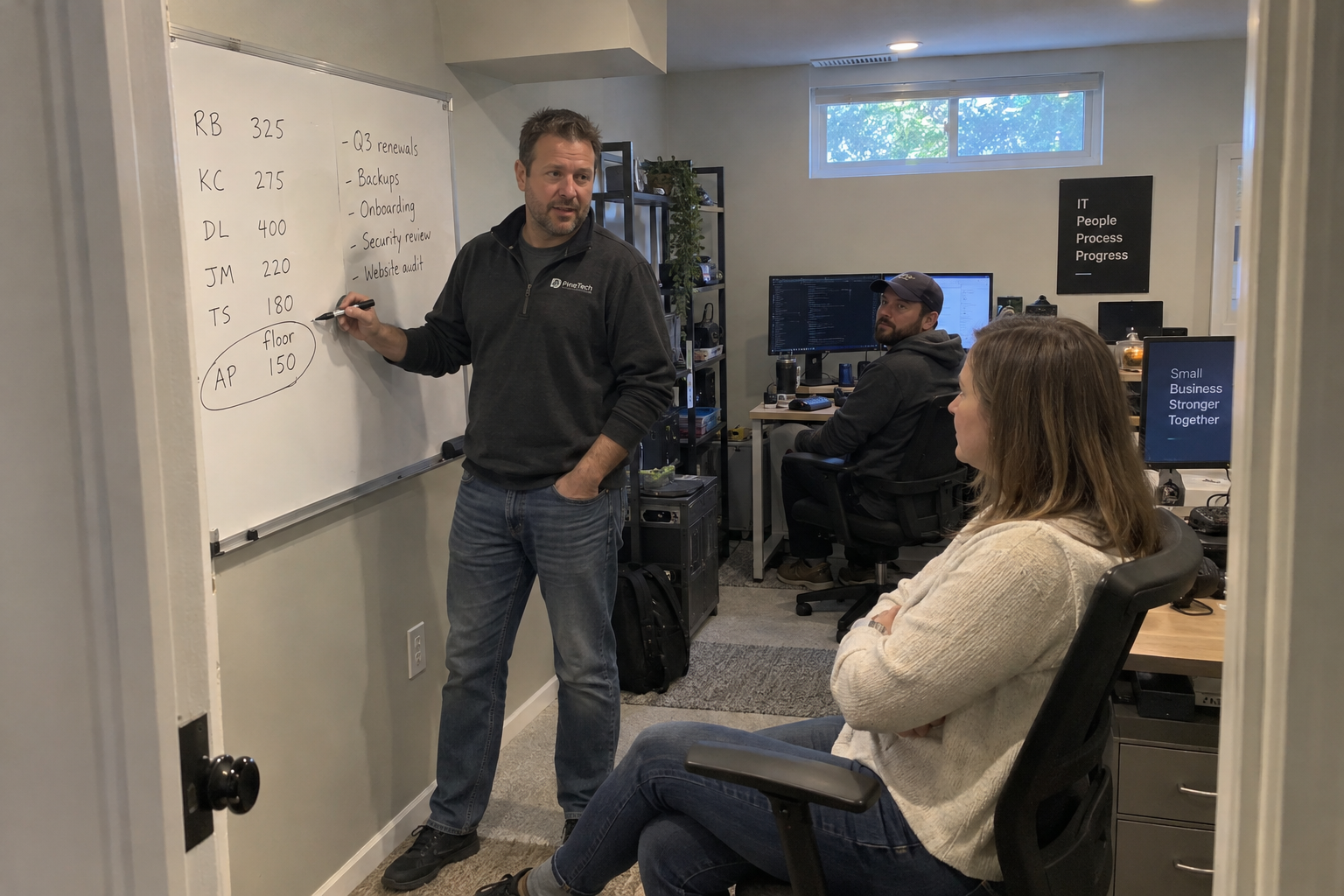 An MSP owner reviews client seat prices and a marked price floor on a whiteboard with two technicians.