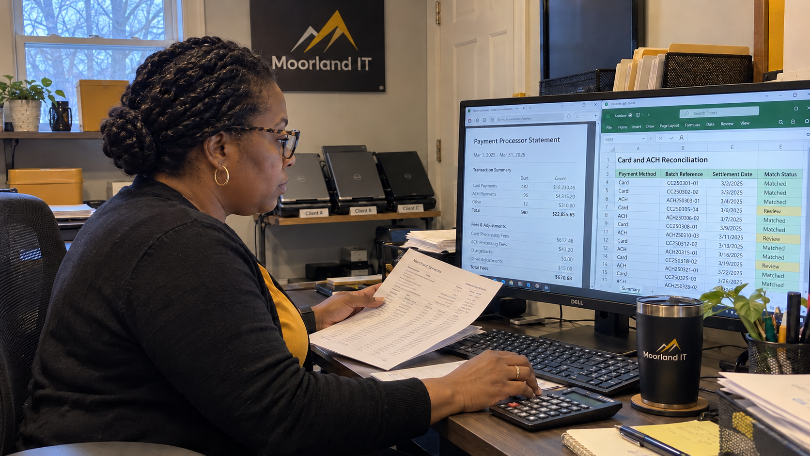 Finance coordinator reviews payment costs before passing credit card fees to customers.