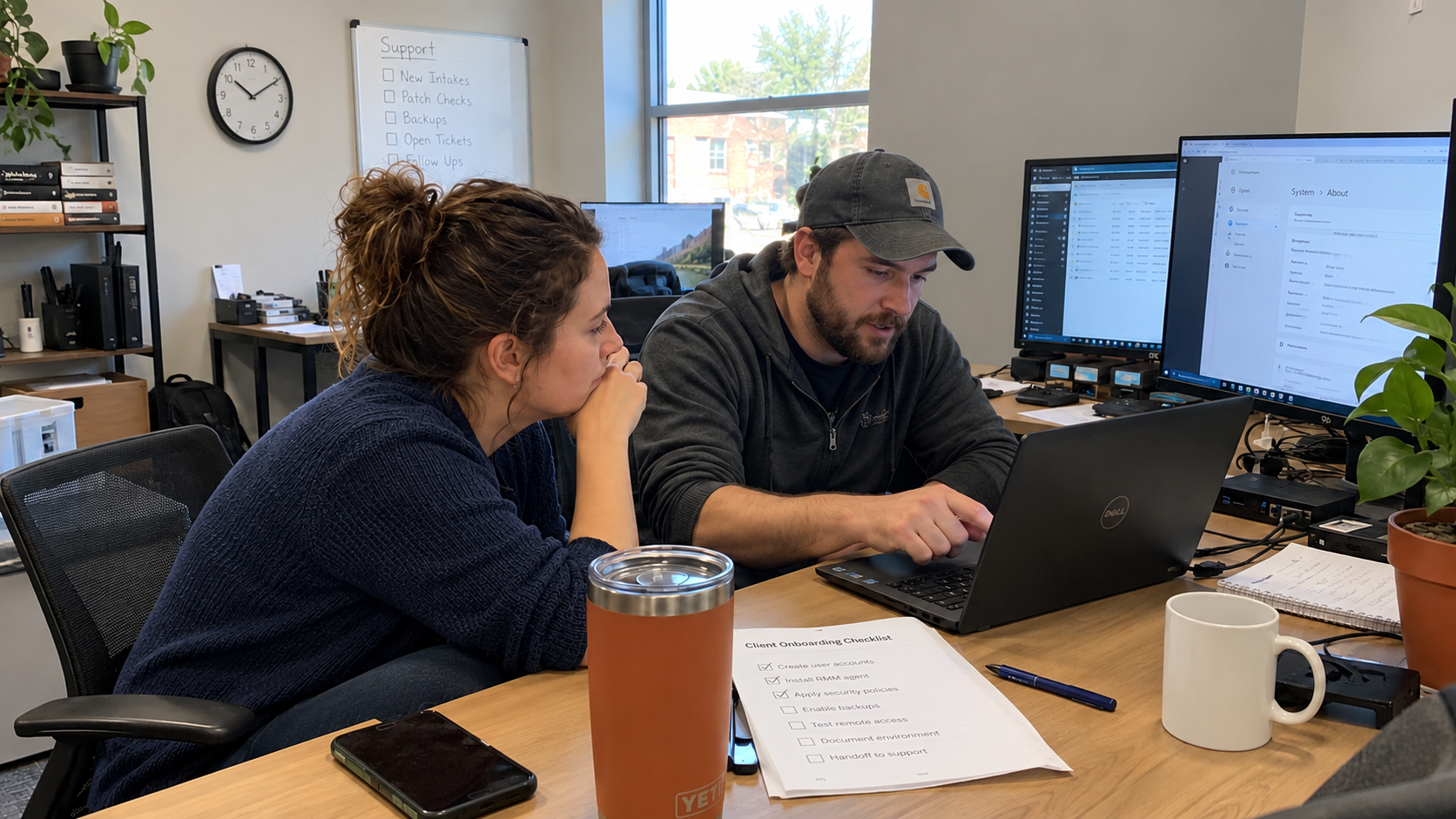 Two people review a laptop beside a printed client onboarding checklist in a small IT office.