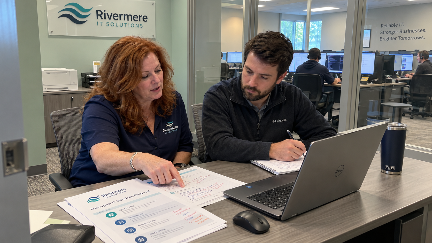 MSP owner walks a new sales colleague through a sales playbook and a marked-up client proposal