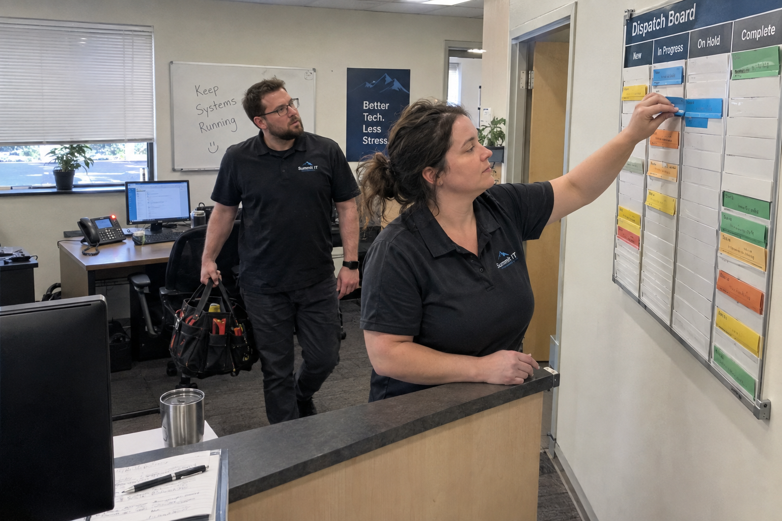 A technician updates a dispatch board while a colleague with a tool bag checks the site assignments.