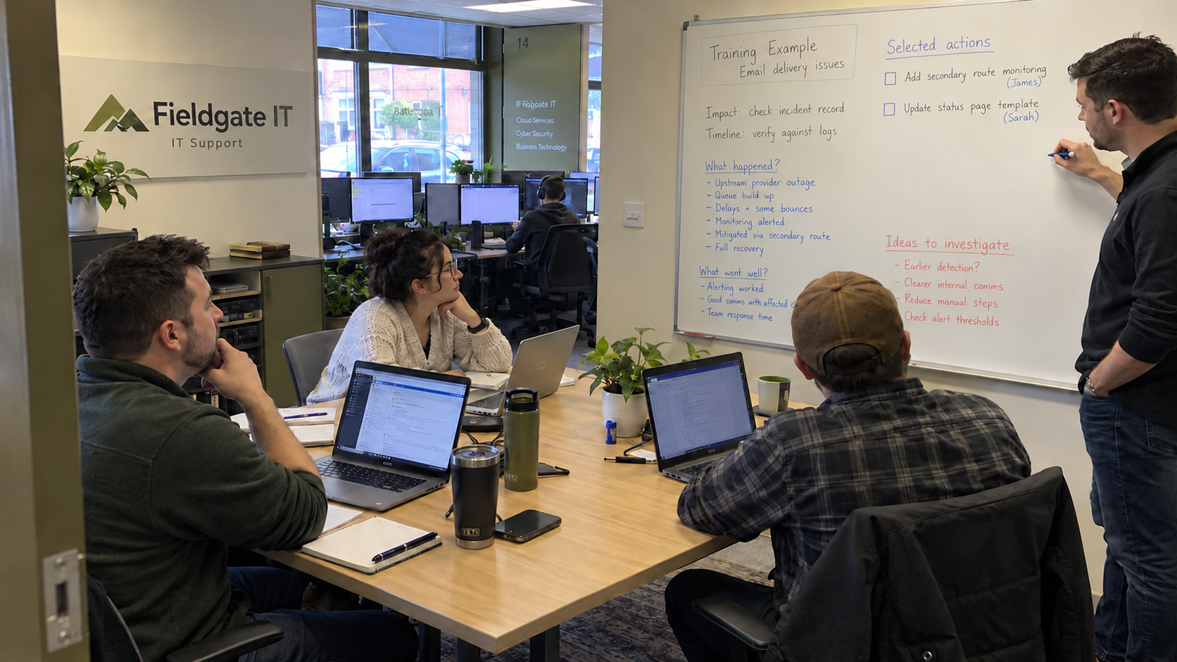 MSP team practices a blameless postmortem using an illustrative incident and named follow-up actions.