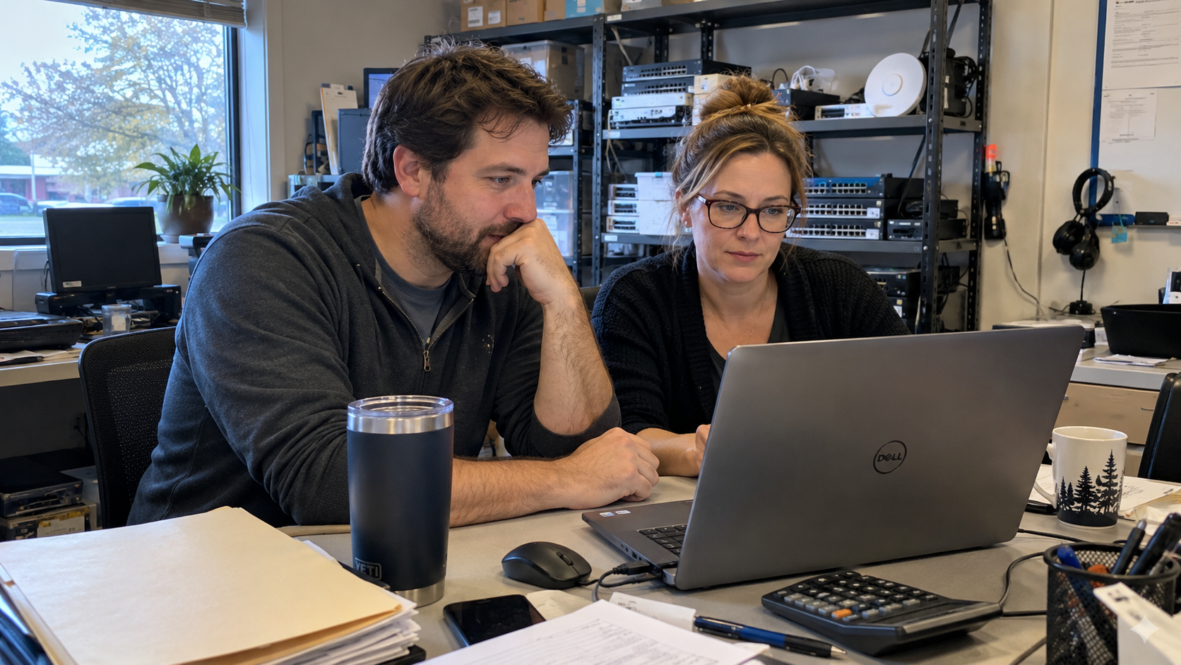 An owner and bookkeeper review an MSP owner salary calculation on a laptop in their office.