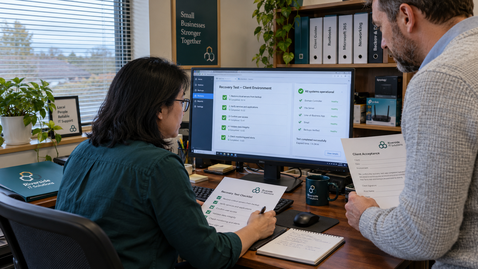 MSP engineers check a disaster recovery runbook against test results and a client acceptance sheet