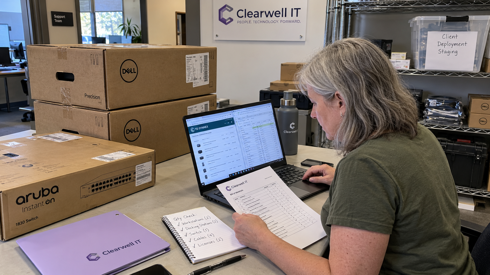 MSP purchasing coordinator checks a hardware quote and bill of materials for a margin vs markup review.