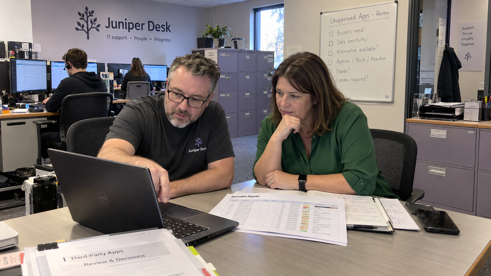 MSP technician and client manager review an app register and decisions for a shadow IT audit