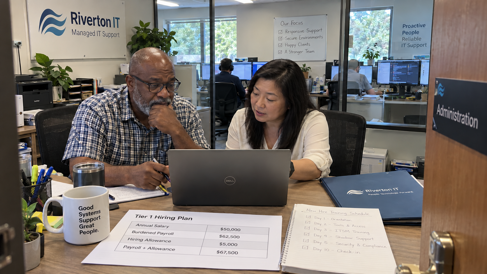 MSP owner and office manager review the cost to onboard a new employee at an administration desk