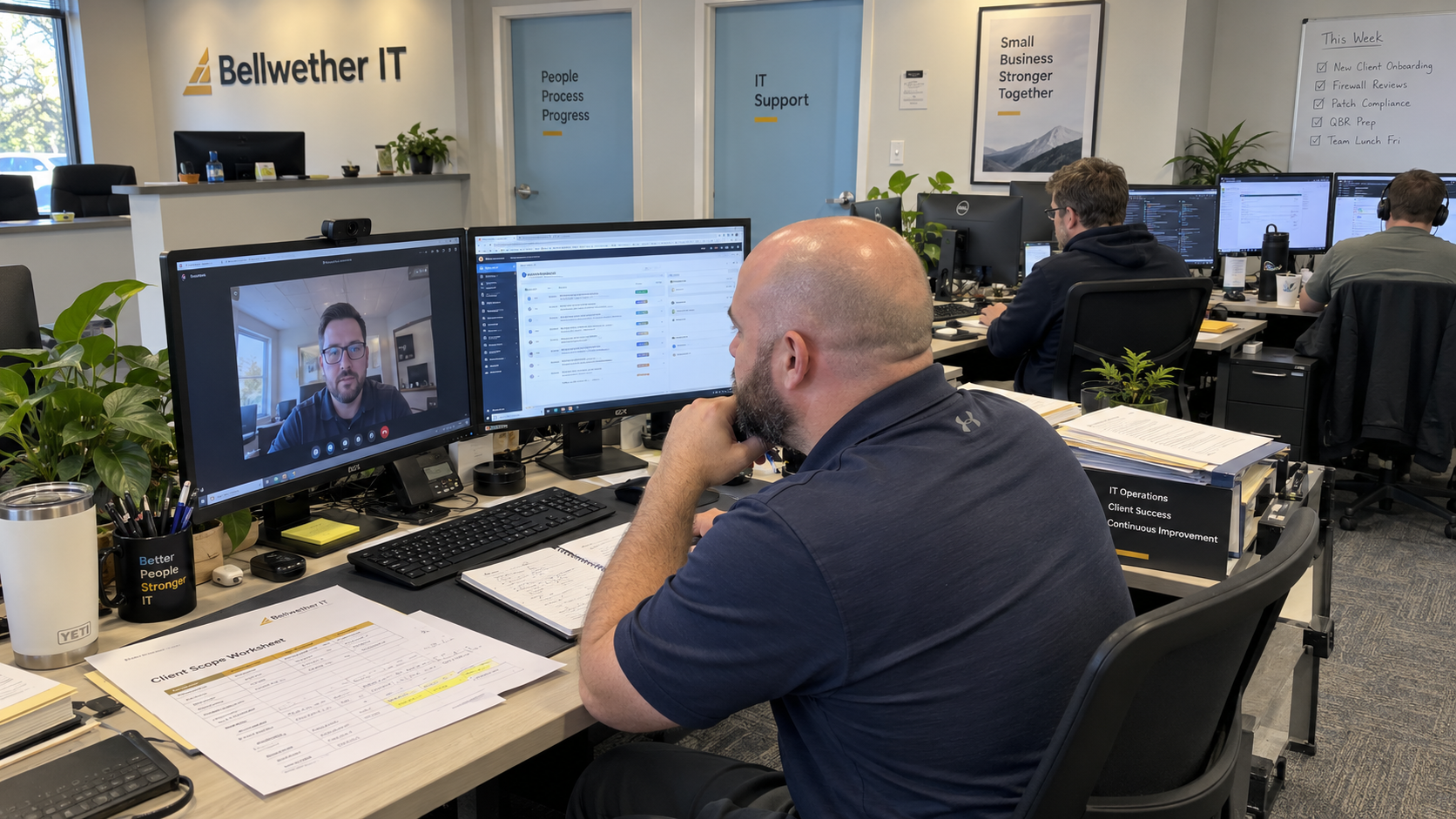 MSP technical lead discusses co-managed IT scope with a prospective client’s internal IT lead on a video call.