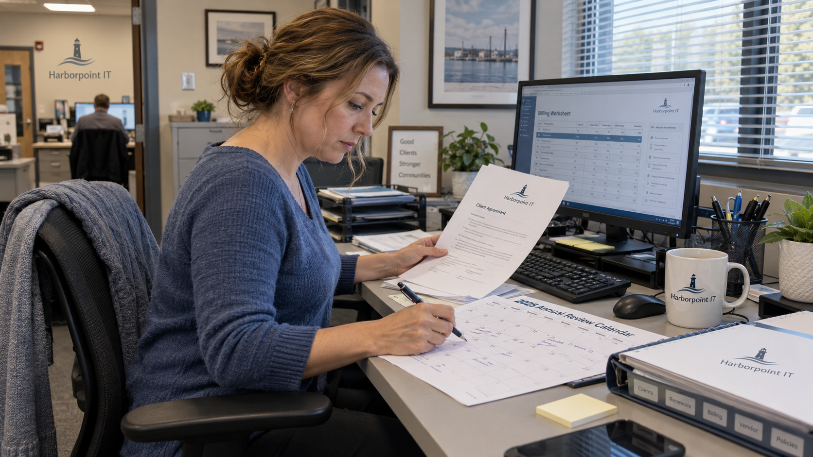 MSP office manager checks an annual price increase calendar against client agreements and billing records