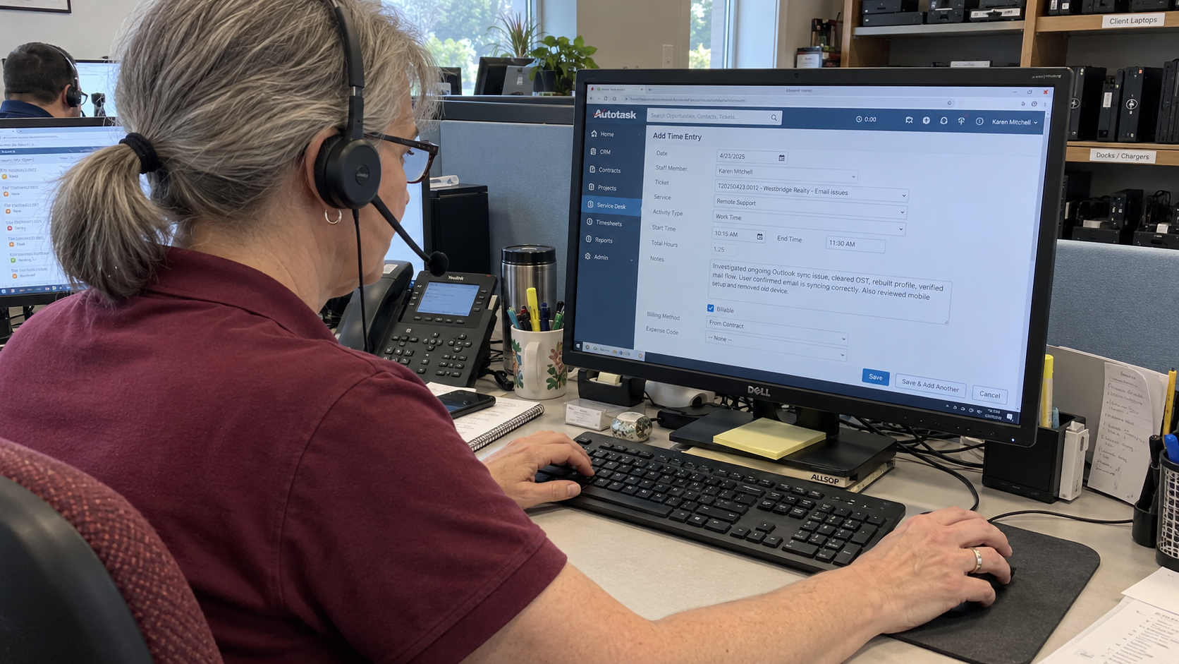 A technician records client time in a PSA to help review over-servicing clients.