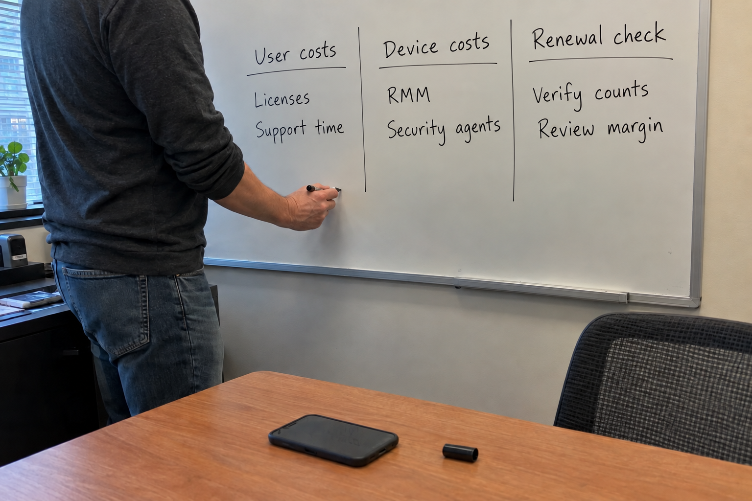 A man lists user costs, device costs and renewal checks on a whiteboard.