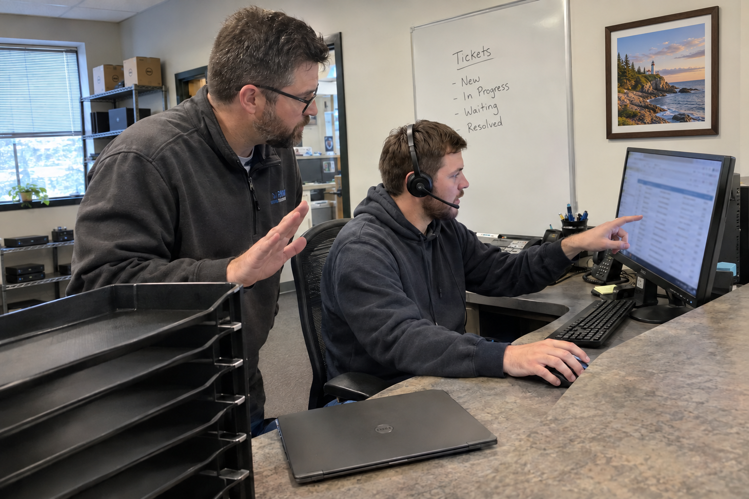 MSP technicians review a ticket board while choosing tasks for help desk automation.