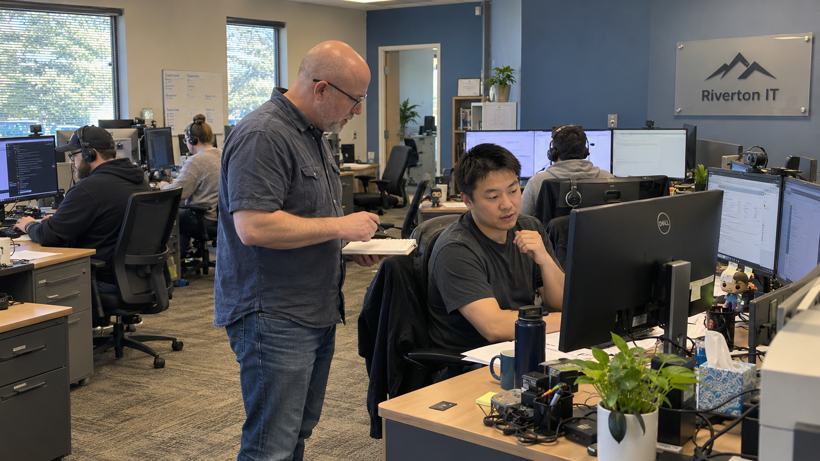 Team lead coordinates ticket work with a technician while reviewing how to scale an MSP support desk