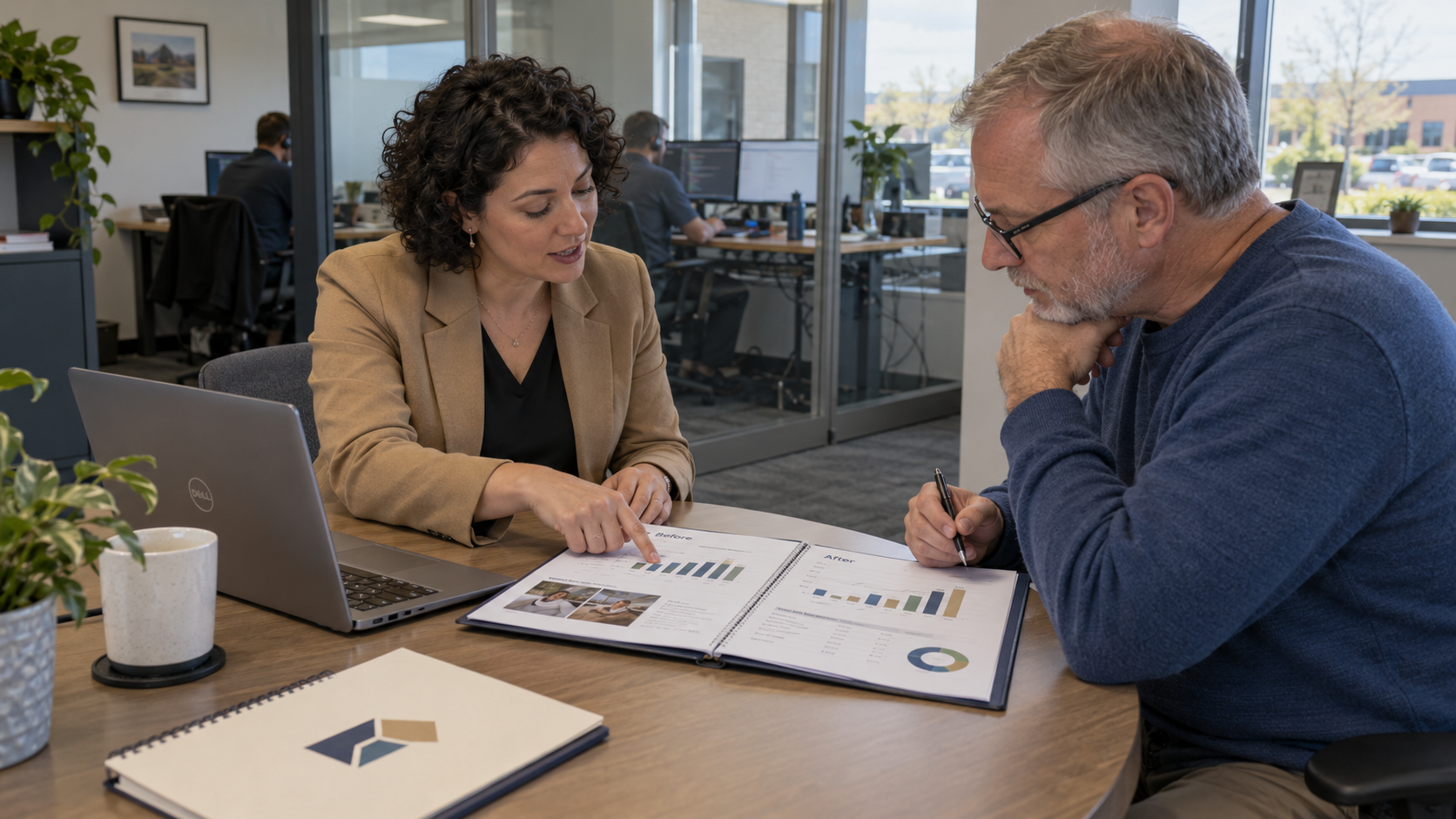 MSP account manager reviews before-and-after evidence of value realization with a client before renewal