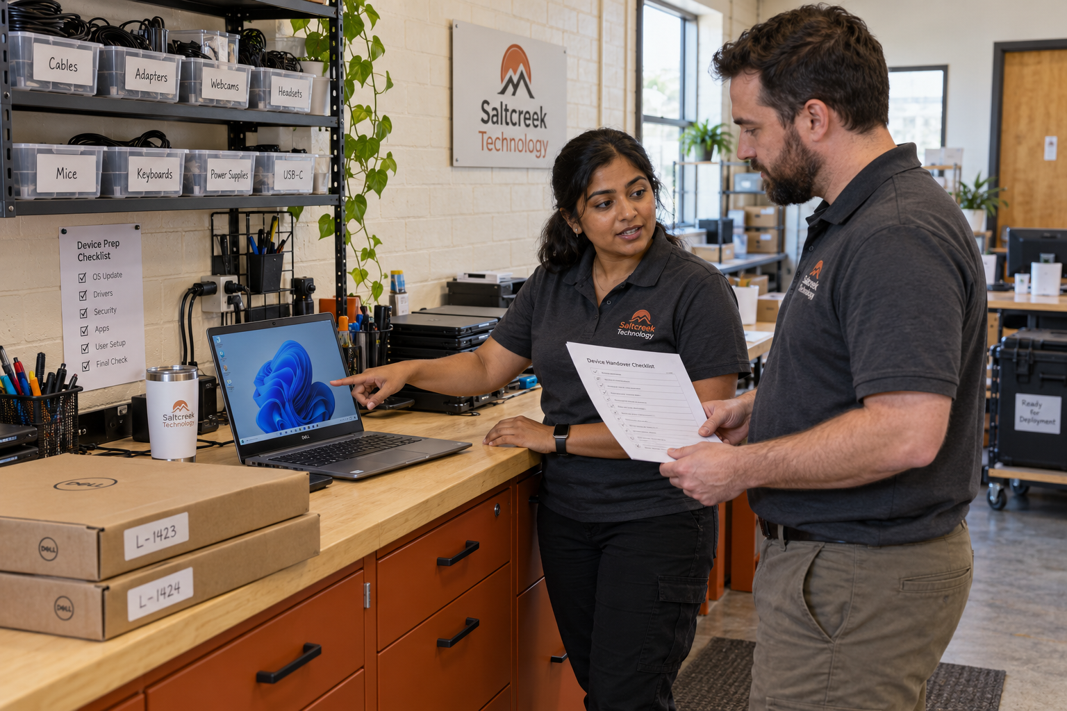 Technicians testing a repeatable device handover service as an MSP niche at a preparation counter