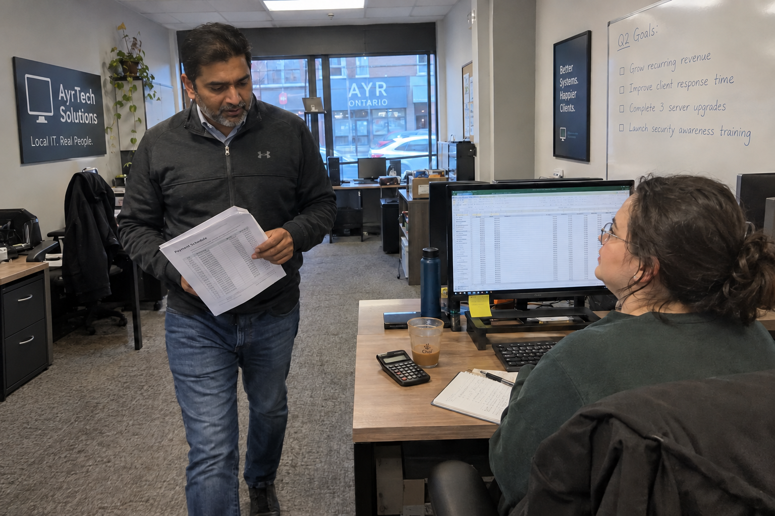 Two MSP colleagues review an earn-out payment schedule beside a spreadsheet in their office.