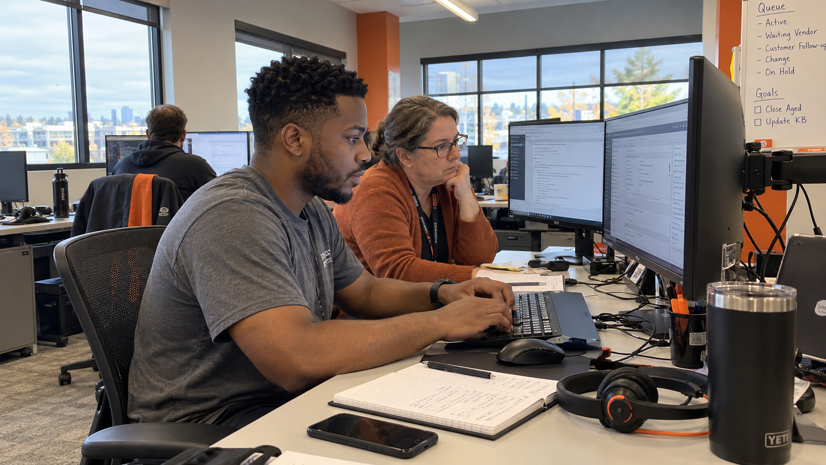 MSP technicians review support cases and active labor for vendor performance management.