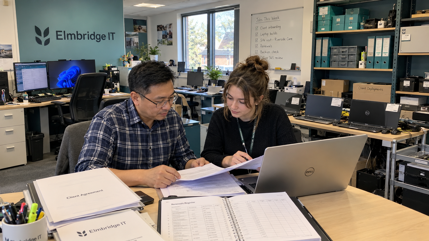 Two MSP staff check the assignment clause in contract paperwork beside a renewals register