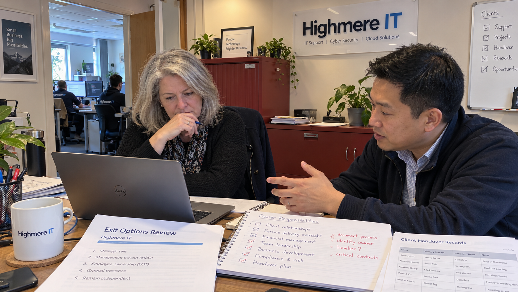 An MSP owner and an adviser review an exit-options list and client handover records at a desk.