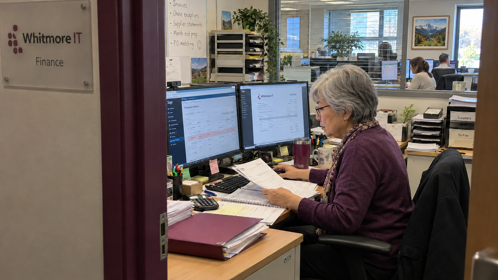 Part-time bookkeeper checks invoices and paperwork at an MSP finance desk.