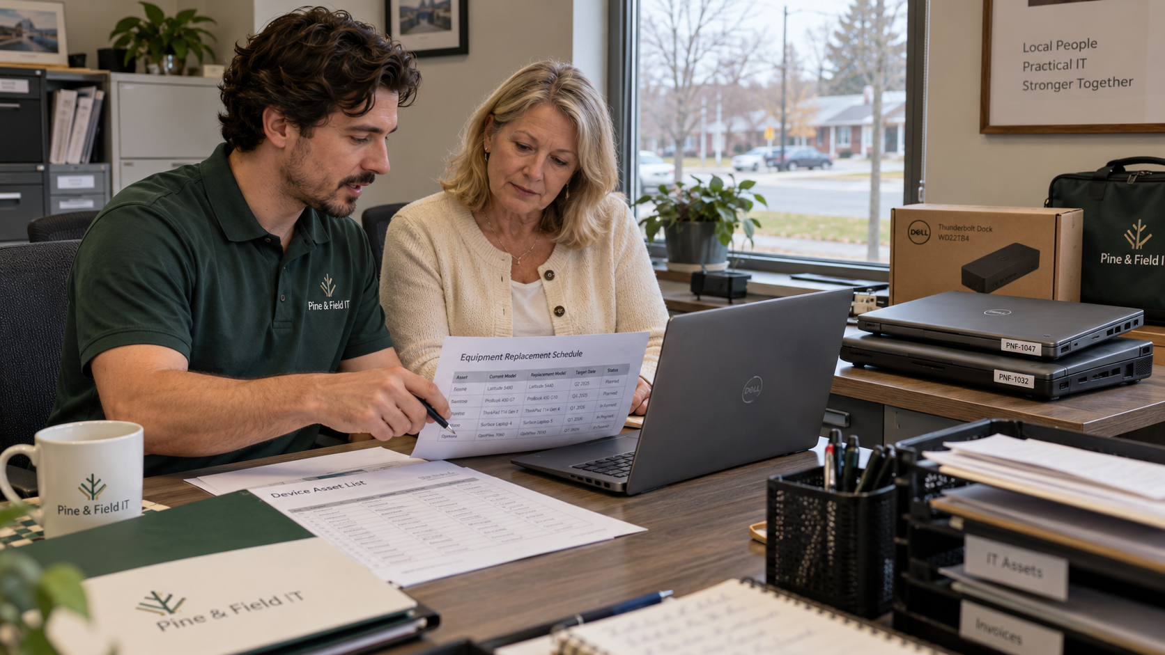 An MSP technician and a client review a device asset list and an equipment replacement schedule at a desk.