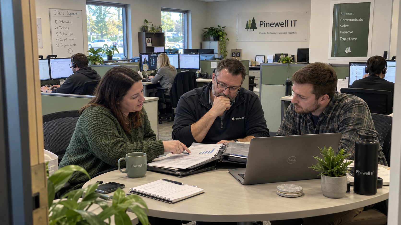 An account team reviews client records and a laptop to calculate MSP client churn rate and replacement work.