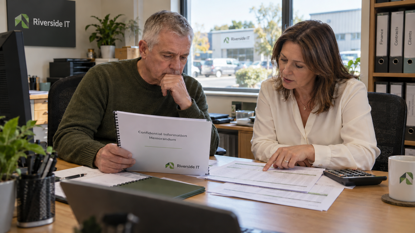 MSP owner checks a confidential information memorandum beside financial schedules and business records