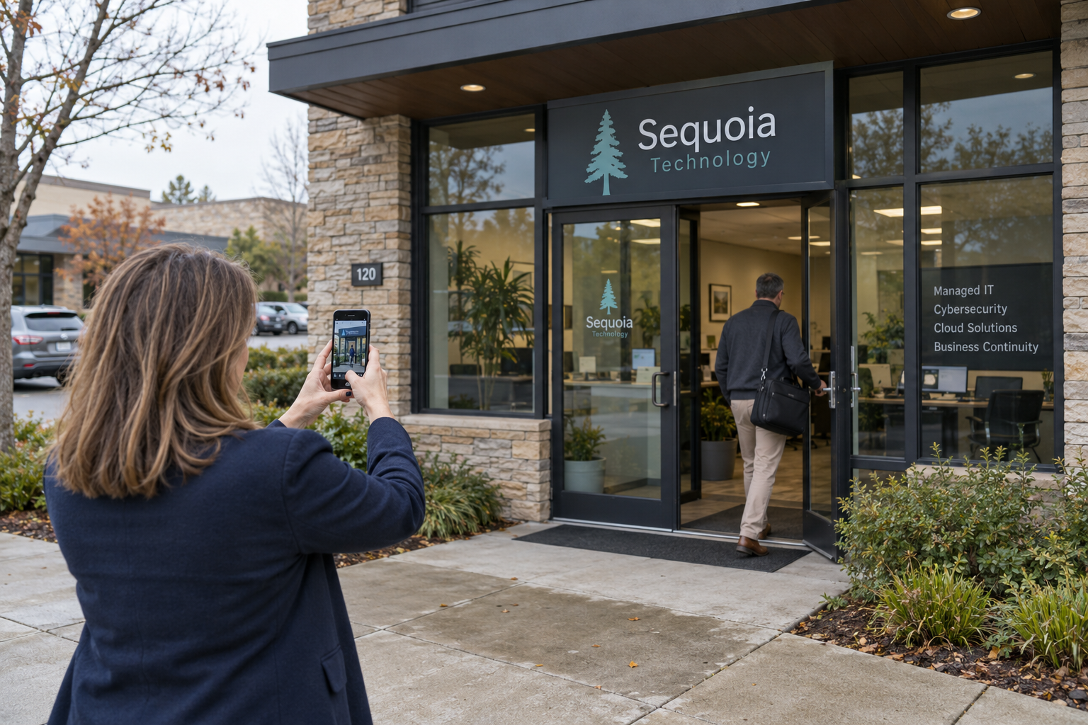 Google Business Profile checklist review as an MSP owner photographs the signed storefront and entrance