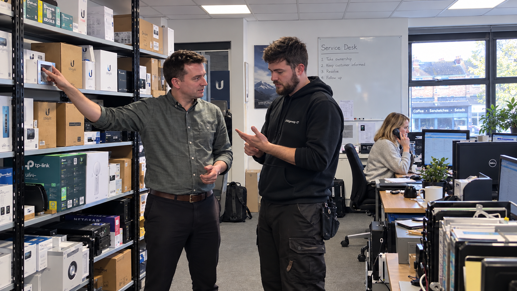 Two colleagues talk beside shelves of boxed network equipment while a coordinator takes a phone call.
