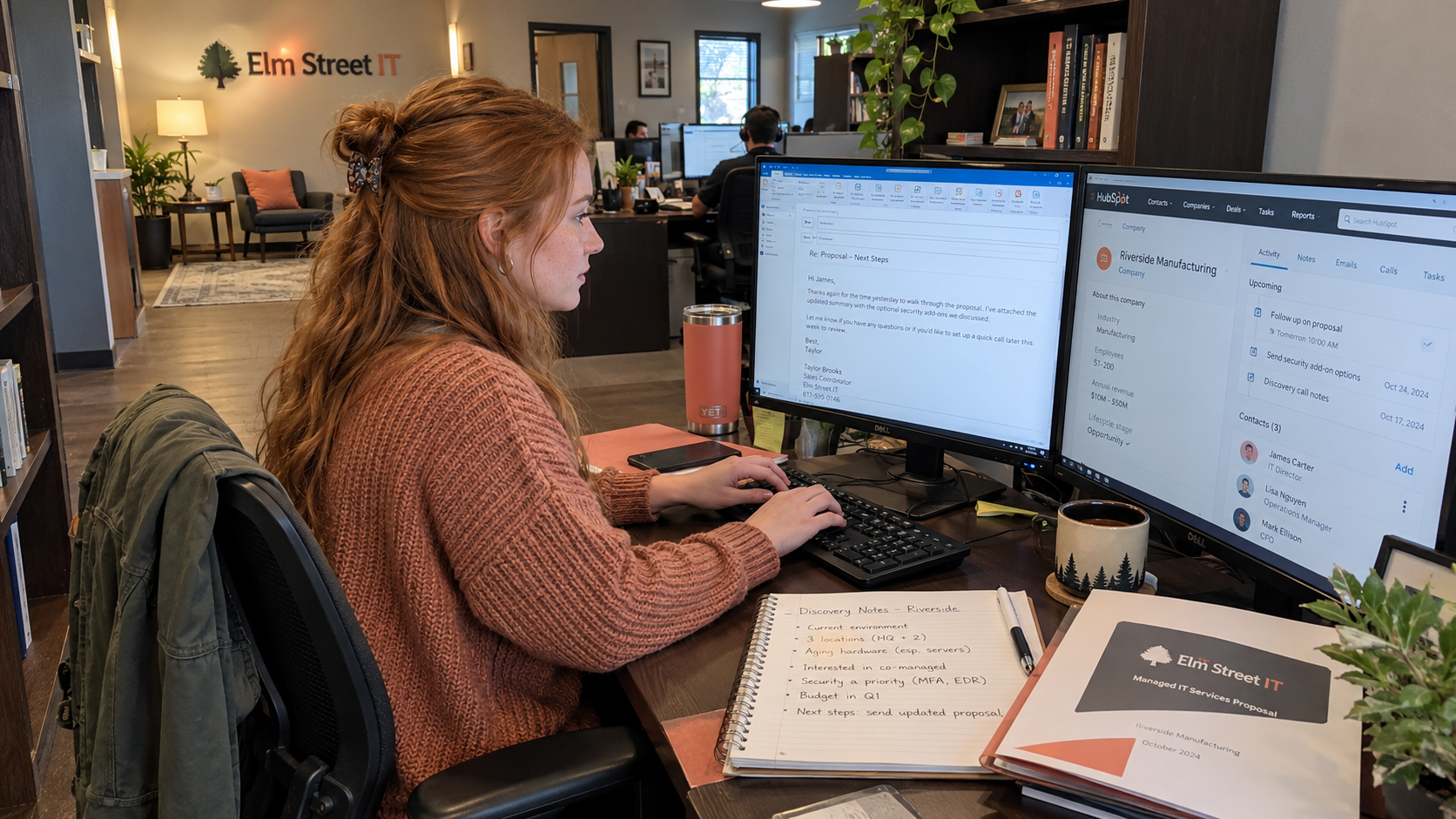 MSP sales coordinator drafts a follow up email after proposal review beside the prospect record