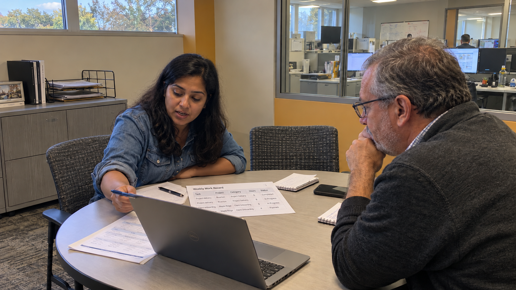 Project engineer and manager review project and onboarding work against a billable utilization target