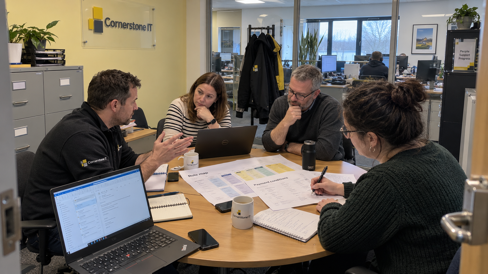 MSP owners and an HR adviser review a retention bonus acquisition worksheet and role map